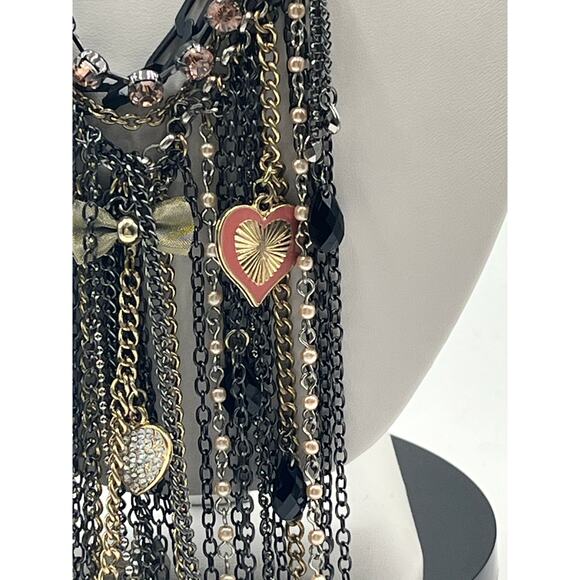 Black and Silver Rhinestone Bib Dangling Chain Charms Fringe Statement Necklace - Picture 3 of 9